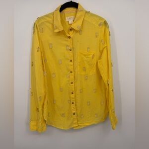 Maeve by Anthropologie Yellow Pineapple Embroidered Button-Down Shirt Size US 10